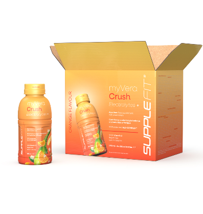 MYVERA CRUSH Electrolytes + | Complément alimentaire avec édulcorants en bouteilles unidose de 285 ml